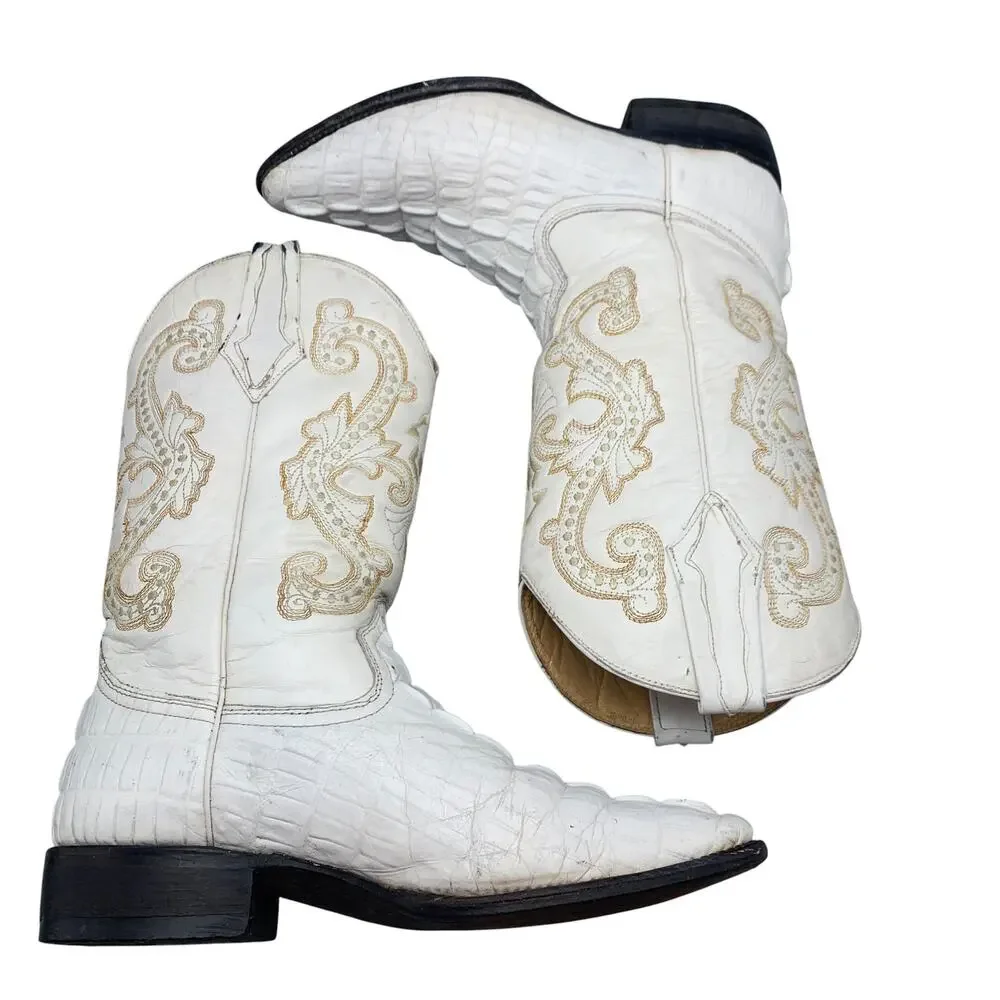 Potrero Mens Western Boots Size 7.5 US White Crocodile Leather Cowboy Distressed